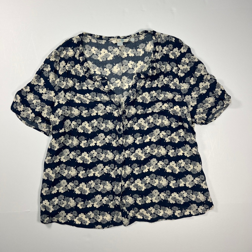 Boden Floral Blouse Womens 14 Navy Short Sleeve Ruffle V Neck Viscose Top